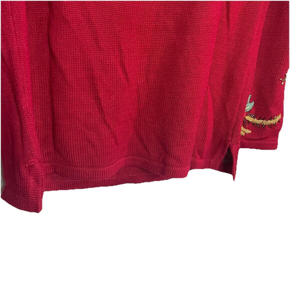 Theme Works Kikit Christmas Sweater Red Beaded Poinsettia Embroidered Size Large - Picture 7 of 8